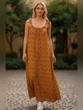 NWT Ex Voto Iris Sundress Women’s Mustard Floral Tie-Shoulder Sundress, Sz M/L